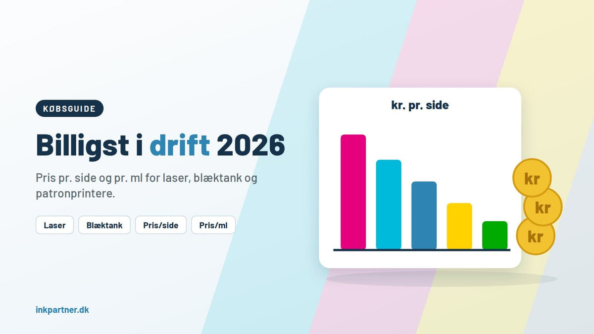 Hvilken printer er billigst i blæk og drift? Pris pr. side og pr. ml for populære printere (2026)